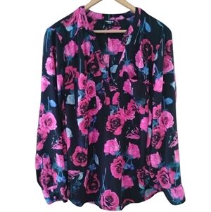 torrid Black Blouse with Bright Pink Rose Print Sz 1